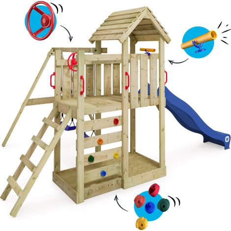 Aire de jeux WICKEY MultiFlyer - Toit en bois - Balançoire - Toboggan - Maison enfant extérieur - Bac à sable - Échelle d'escalade - Accessoires de jeux - Bleu
