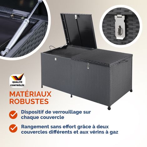 Coffre de rangement en polyrotin 625 litres XXL sur roulettes Coffre de jardin Coffre de coussin Banc noir Vérins à gaz