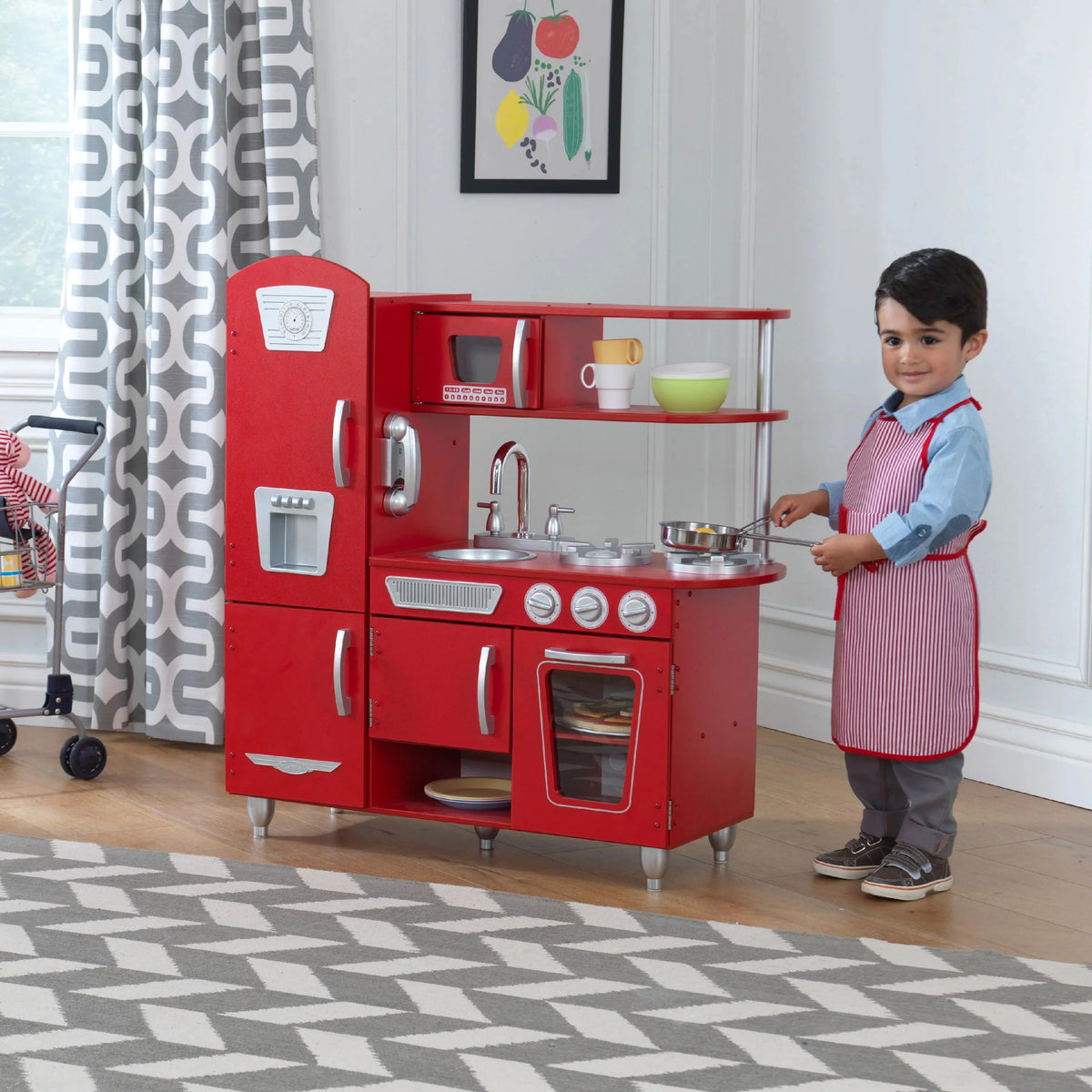 2026 Cuisine enfant en bois rouge vintage KidKraft avec téléphone jouet