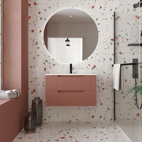 meuble de salle de bains leon 80cm terracotta - 2 tiroirs en mdf ondulés - vasque à encastrer — photo 1