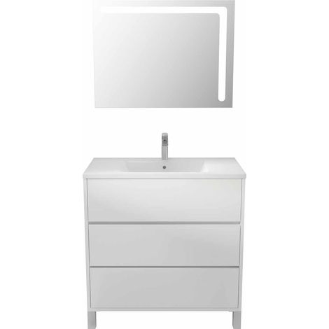 ensemble meuble de salle de bain blanc 80 cm sur pied 3 tiroirs + vasque ceramique blanche + miroir — photo 3