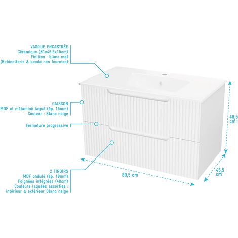 meuble de salle de bains leon 80cm blanc neige - 2 tiroirs en mdf ondulés - vasque à encastrer — photo 4