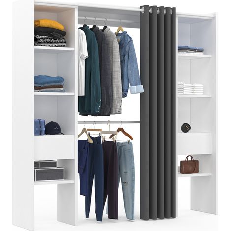 Idmarket – Dressing modulable extensible 120/180 cm – Largeur 50 cm – Hauteur 180 cm – 8 étagères réglables – Double penderie avec rideau gris — photo 1