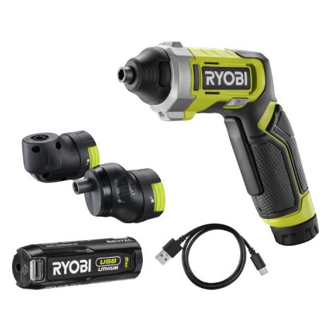 RYOBI Tournevis 4V USB Lithium - 1 batterie 2,0Ah - coffret 10 embouts - mandrin déporté - renvoi d'angle - RSD4-120TA2