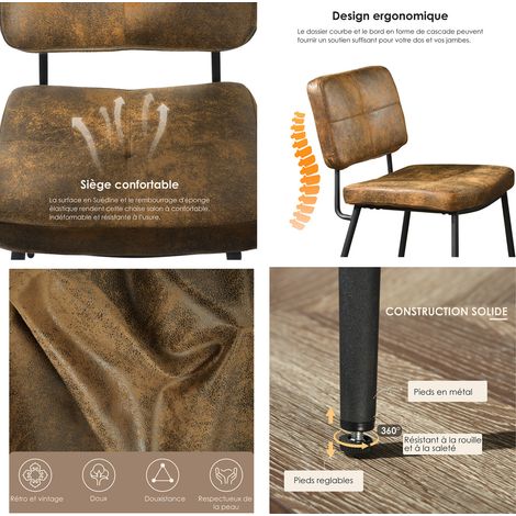 Meubles Cosy – Lot de 2 chaises de salle à manger en tissu microfibre effet suède marron – Dossier ergonomique – Structure en métal noir – Hauteur 83 cm — photo 4