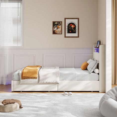Lit 90x200 cm, avec quatre tiroirs, éclairage LED réglable, 2 USB et 1 fonction de charge tpcy-c, lin, convient aux adultes et aux adolescents, Beige — photo 3
