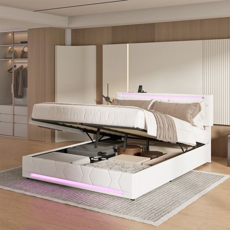 Lit double 140x200cm, lit 140x200 avec rangement, Sommier Inclus, lit coffre avec port USB et LED, Chambre moderne, Beige, lin — photo 1