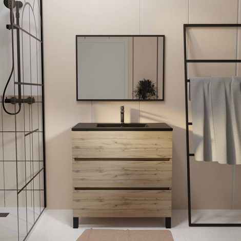 meuble salle de bains 80cm décor chene naturel 3 tiroirs - vasque noire et miroir - timber — photo 1