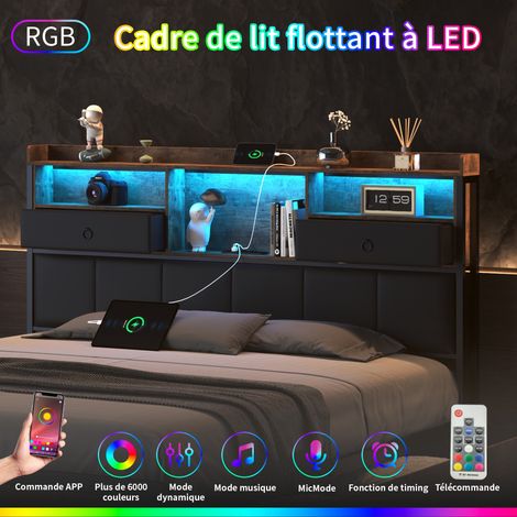 Dans Les Nuages – Lit double 140x200 cm avec 4 tiroirs – Tête de lit LED avec ports USB – Similicuir capitonné – Sommier à lattes en bois – Style industriel vintage — photo 4