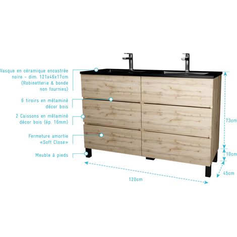 meuble de salle de bains 120 cm 6 tiroirs chêne naturel + vasque double céramique noire - timber — photo 4