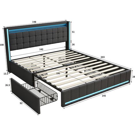 Lit 140x190 cm avec sommier, lit double capitonné, 4 tiroirs,  éclairage LED réglable, deux ports USB/C, style scandinave, Lin - Gris Foncé — photo 5