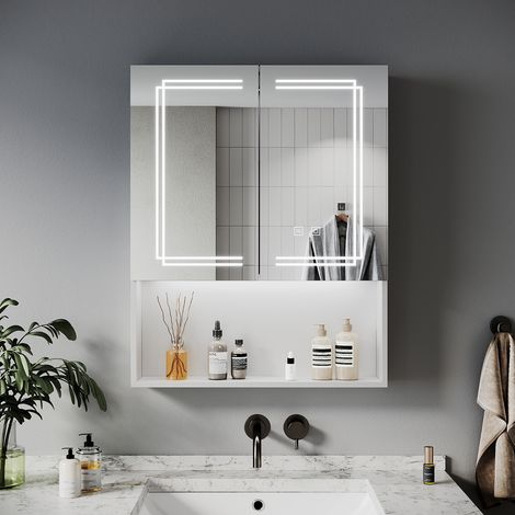 SIRHONA Armoire murale de salle de bain avec prise rasoir 3 modes d'éclairage 600x750mm Armoire de salle de bain design à rangement ouvert — photo 2