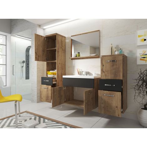 Bratex – Ensemble de meubles de salle de bain – Meuble vasque avec évier 47,5 x 60 x 34,6 cm – Armoire haute 133 x 30 x 30 cm – Couleur marron/noir — photo 2