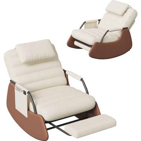 Rocking chair avec repose-pieds pliable, Fauteuil à bascule et chaise de relaxation, dossier réglable à 3 positions, velours côtelé, style moderne, beige — photo 2