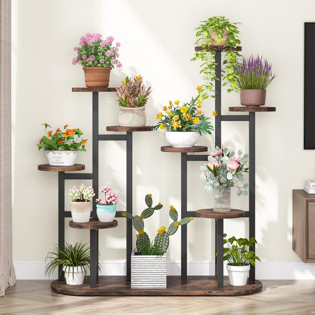 Étagère à Plantes Multifonction, Support pour 11 Pots de Jardinage Rustique