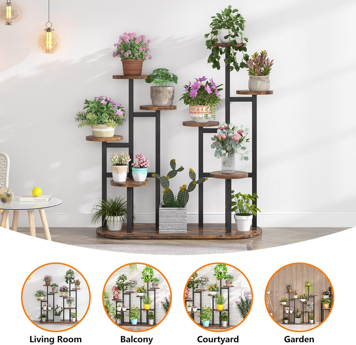 Étagère à Plantes Multifonction, Support pour 11 Pots de Jardinage Rustique