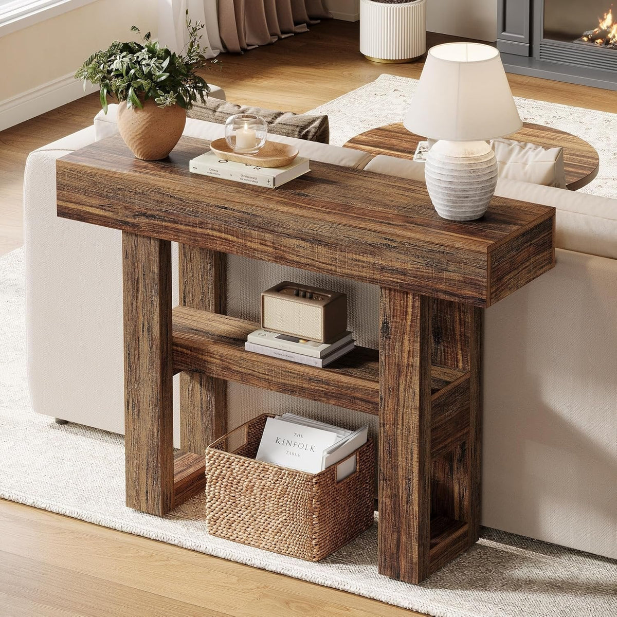 Tribesigns Farmhouse Table console étroite à 2 niveaux, Meuble d'entrée avec compartiments de rangement