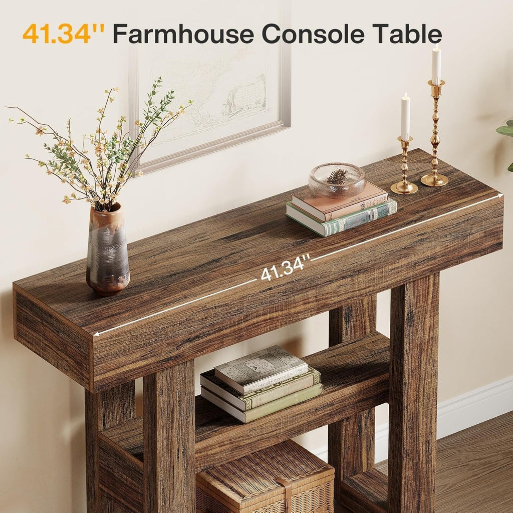 Tribesigns Farmhouse Table console étroite à 2 niveaux, Meuble d'entrée avec compartiments de rangement