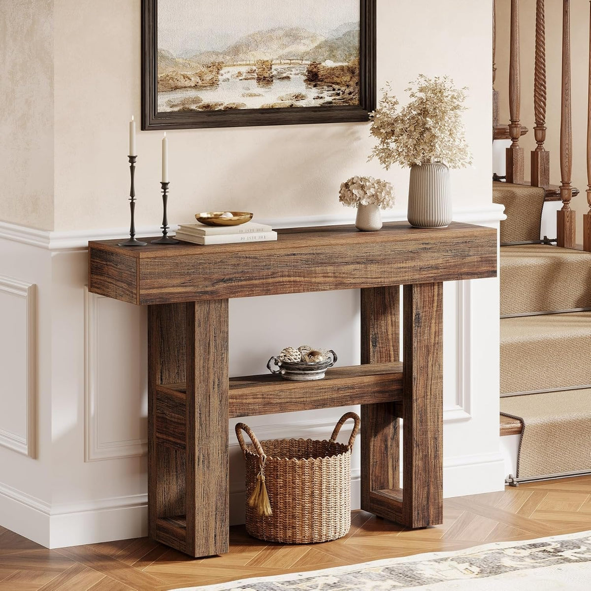 Tribesigns Farmhouse Table console étroite à 2 niveaux, Meuble d'entrée avec compartiments de rangement
