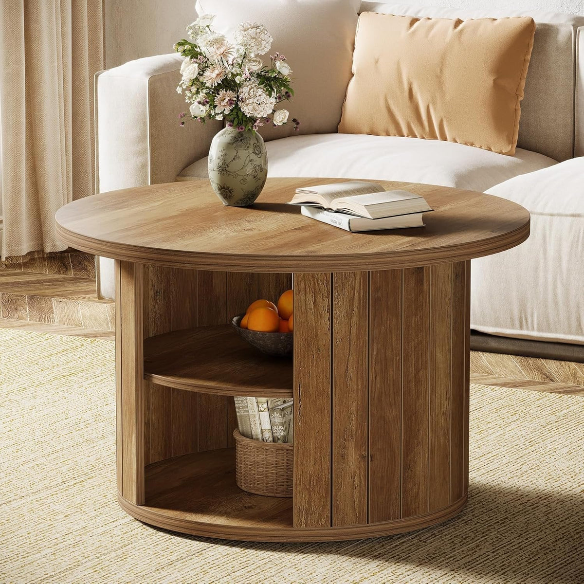 Tribesigns Table Basse Ronde, Table de Salon Circulaire à 2 Niveaux Petite Table Basse Bois