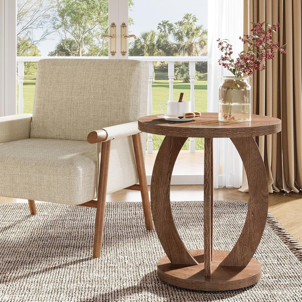 Tribesigns Table d'appoint de style campagnard de 50 cm avec plateau rond et rangement Brun rustique
