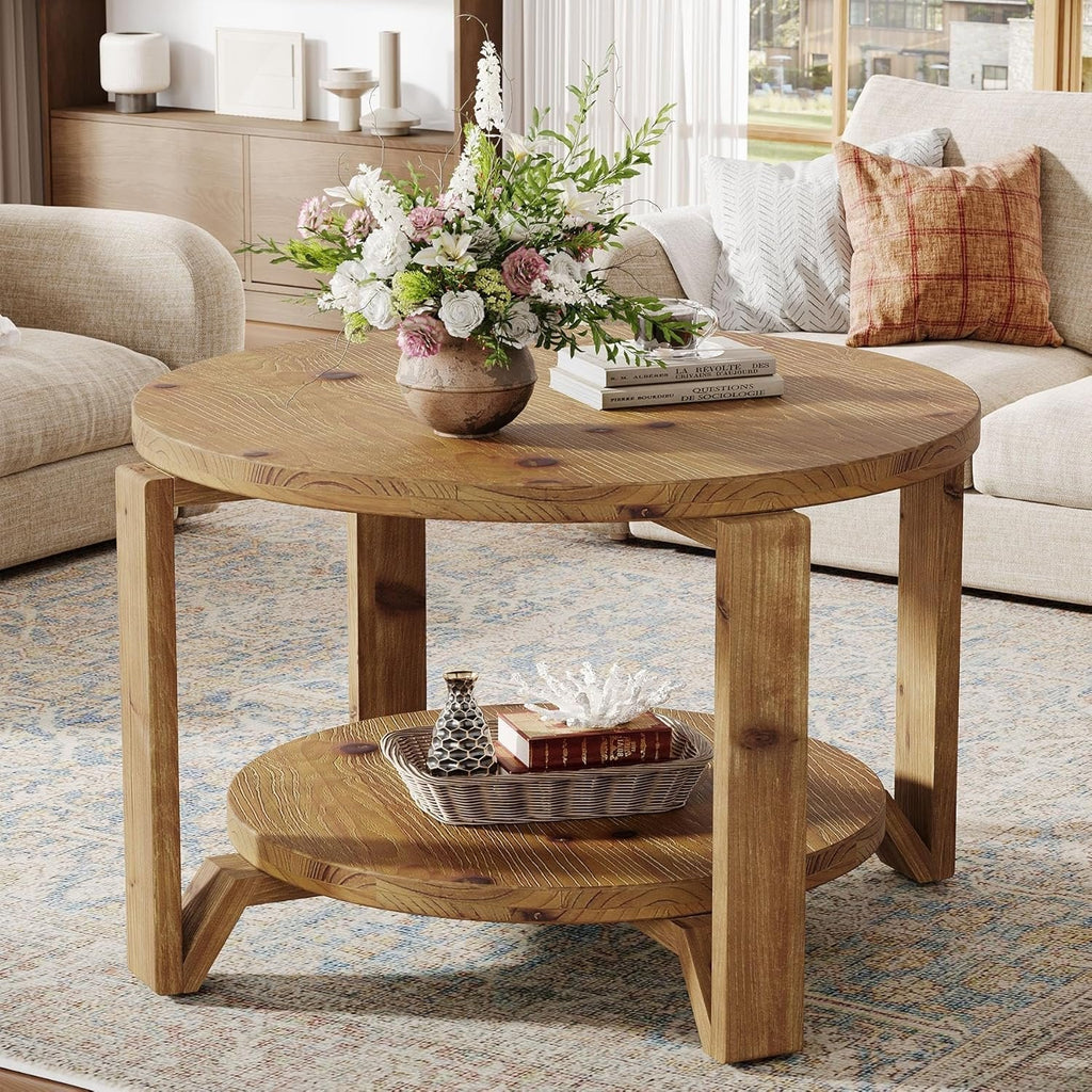 Tribesigns Table basse ronde en bois massif 80 cm 2 niveaux