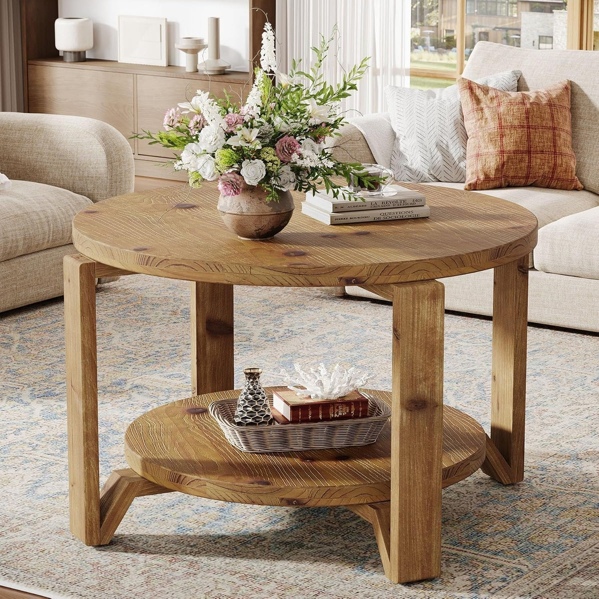 Tribesigns Table basse ronde en bois massif 80 cm 2 niveaux