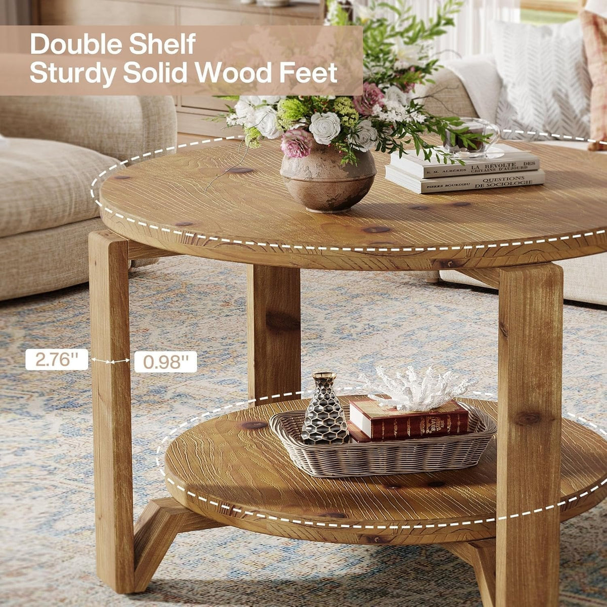 Tribesigns Table basse ronde en bois massif 80 cm 2 niveaux