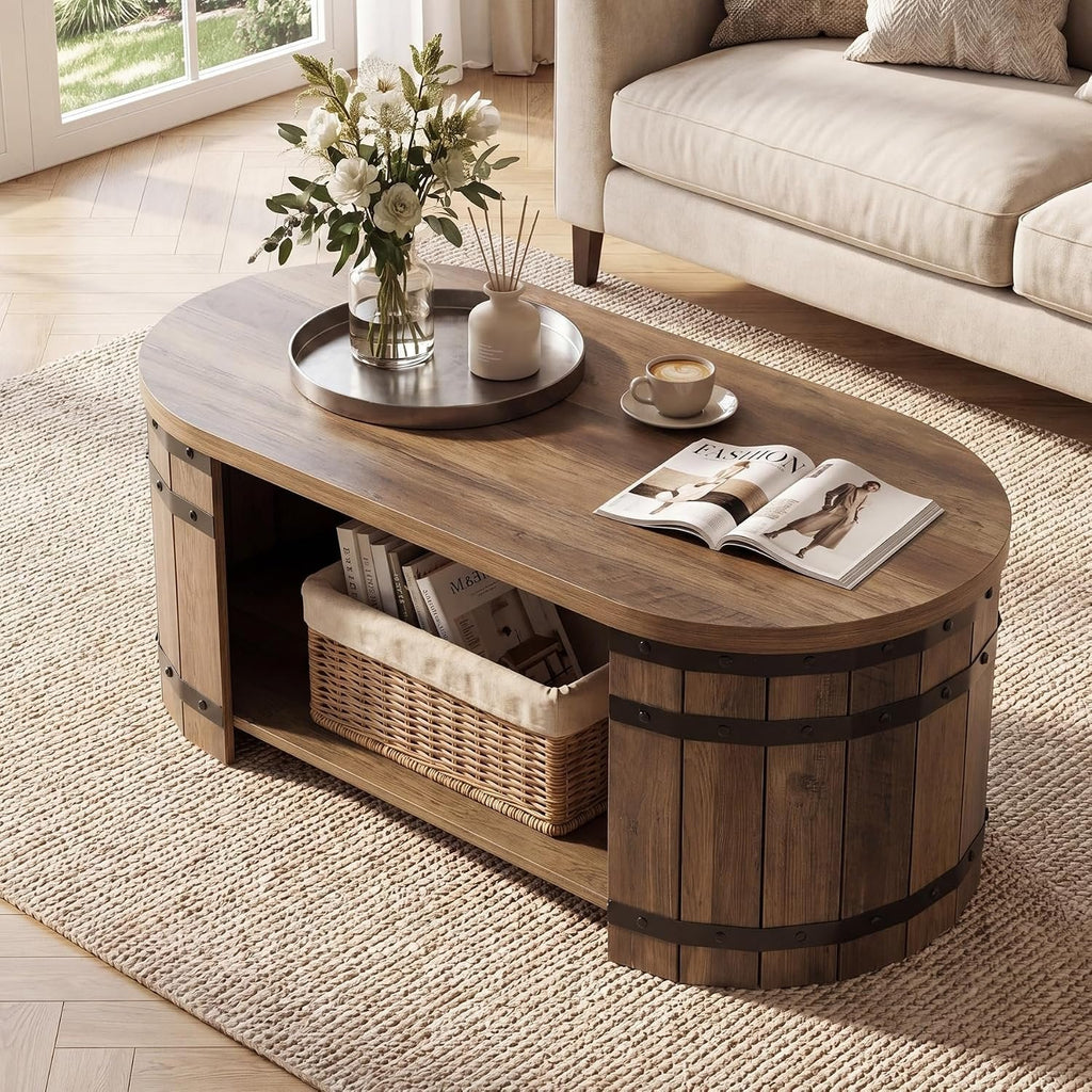 Tribesigns Table basse 120 cm avec espace de rangement, Table basse ovale avec étagère