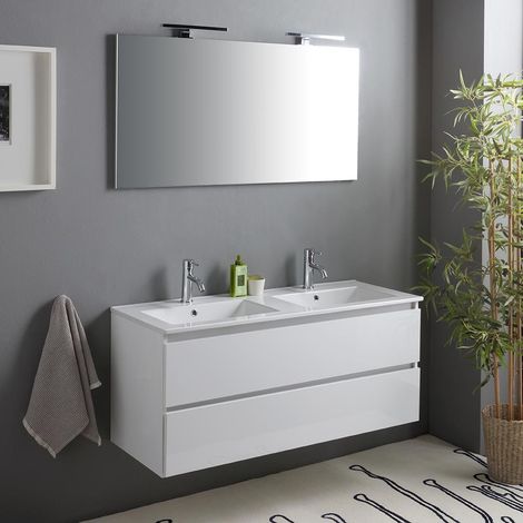 Kiamami Valentina – Meuble de salle de bain suspendu 120cm blanc brillant – Double lavabo en céramique – 2 tiroirs avec fermeture ralentie – Miroir 120x60 et 2 lampes — photo 1
