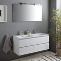 Kiamami Valentina – Meuble de salle de bain suspendu 120cm blanc brillant – Double lavabo en céramique – 2 tiroirs avec fermeture ralentie – Miroir 120x60 et 2 lampes — photo 1