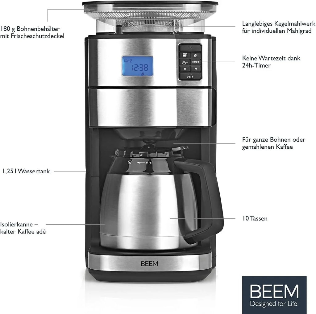 2026 BEEM FRESH-AROMA-PERFECT II Filterkaffeemaschine mit Mahlwerk - Thermo | Edelstahl | Thermokanne | 24h-Timer | 1000 W |
