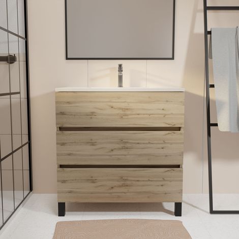 meuble de salle de bains 70 cm timber - décor chêne naturel 3 tiroirs avec vasque blanche — photo 1