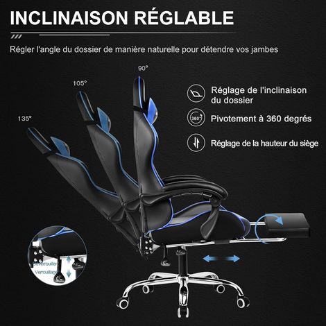 Chaise Gaming Ergonomique, Fauteuil Gamer, Chaise Bureau, Chaise de Gaming avec Dossier réglable à 135°, Hauteur Réglablerepose-Pieds rétractables, Siege, Simili Cuir Bleu — photo 4