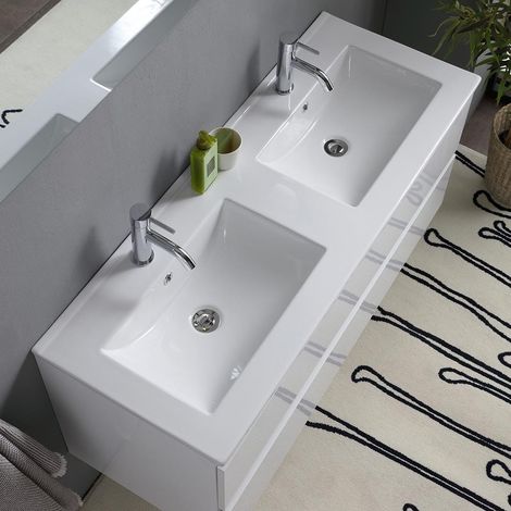 Kiamami Valentina – Meuble de salle de bain suspendu 120cm blanc brillant – Double lavabo en céramique – 2 tiroirs avec fermeture ralentie – Miroir 120x60 et 2 lampes — photo 3