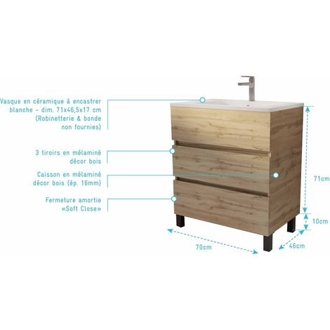 meuble de salle de bains 70 cm timber - décor chêne naturel 3 tiroirs avec vasque blanche — photo 4
