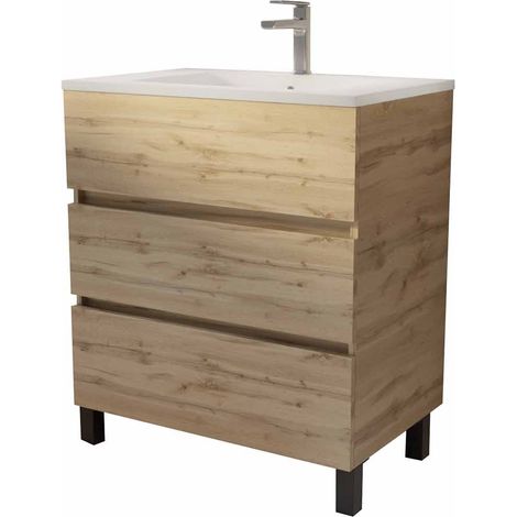 meuble de salle de bains 70 cm timber - décor chêne naturel 3 tiroirs avec vasque blanche — photo 3