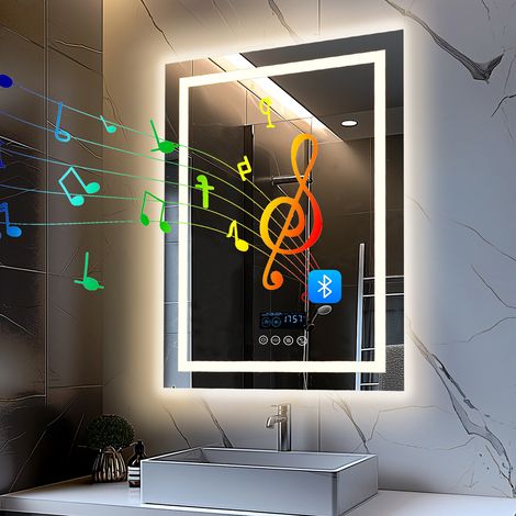 Luvodi – Miroir salle de bain LED Bluetooth 70×90 cm – Rectangulaire anti-buée – 3 couleurs de lumière – Affichage heure et température – IP56 — photo 1