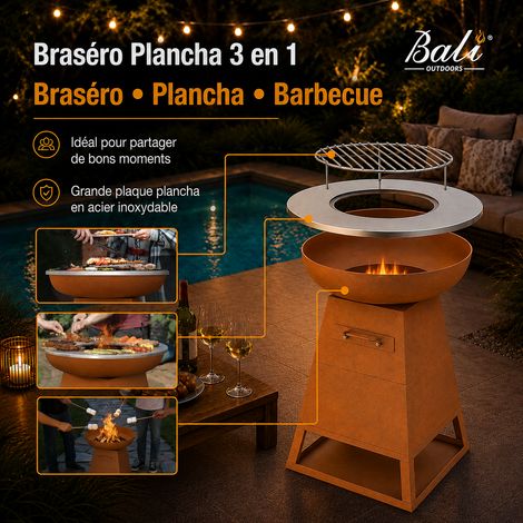 BALI OUTDOORS Braséro Plancha 3 en 1 Ø58,5 cm, barbecue extérieur au bois et charbon, plancha inox, grille barbecue, bac à cendres amovible, finition rouille — photo 2