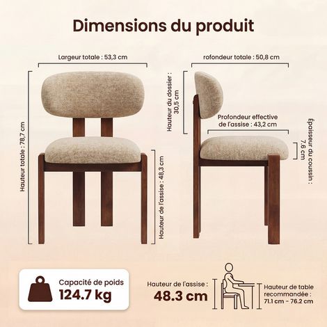 COLAMY Chaise,Lot de 2 chaises de salle à manger en chenille,bois massif marron, assise confortable,style nordique,camel — photo 2