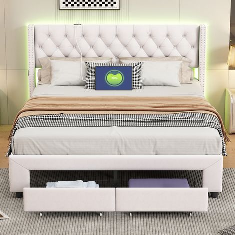 Tanant – Lit avec tiroirs 140x190cm – Tête de lit LED avec ports USB – 2 tiroirs – Sommier à lattes en bois – Velours beige — photo 2