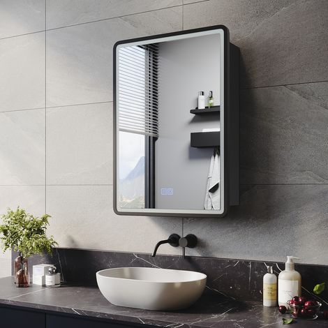 SIRHONA Miroir lumineux de salle de bain avec prise rasoir désembuage 3 modes d'éclairage Armoire de toilette, 500x700mm Noir — photo 4