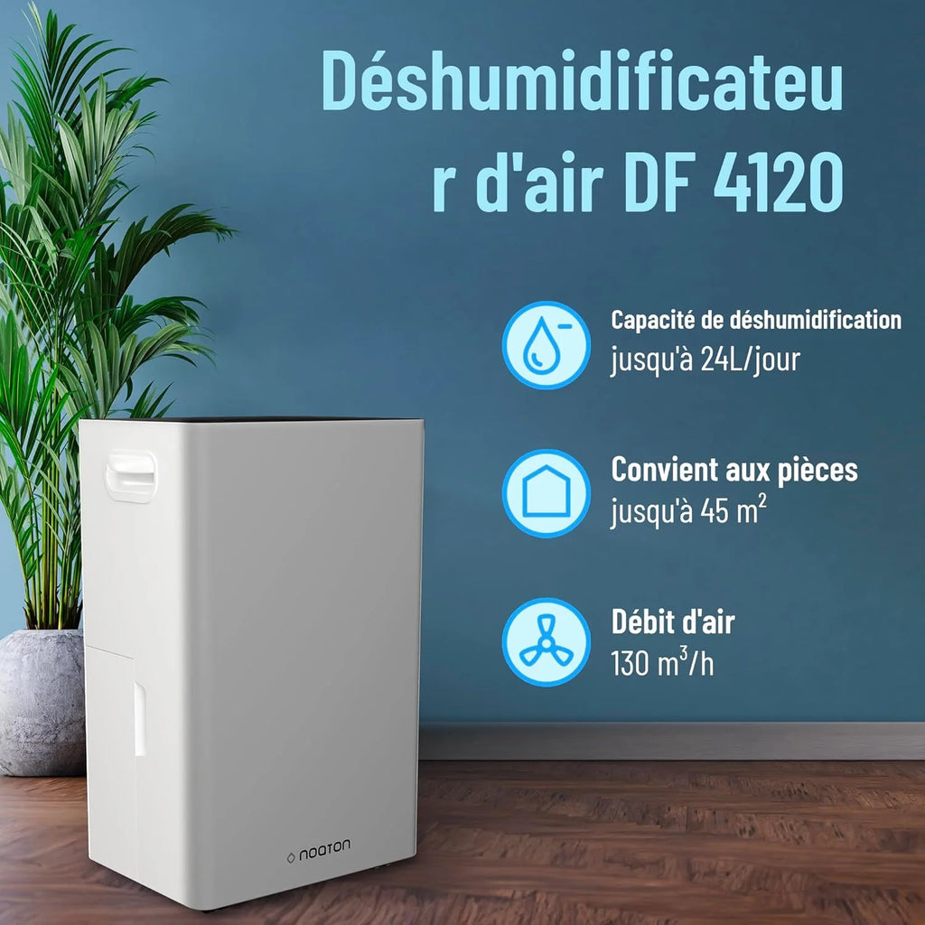 2026 Noaton Déshumidificateur Portable Silencieux, 24L/jour, Minuterie 24h, Réservoir 5,5L, Drainage Continu, avec Dégivrage