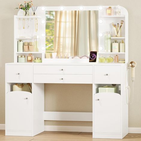 Coiffeuse enfant avec éclairage LED – Grand plateau 108 cm – 2 tiroirs et rangement pour bijoux – Prise et support pour sèche-cheveux — photo 1