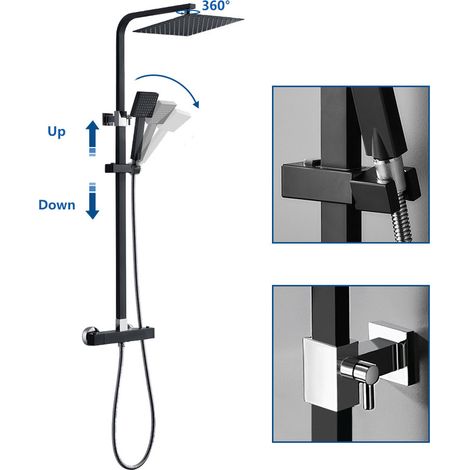 Auralum Élégant Colonne de Douche Thermostatique Noir Ensemble de Douche en Pluie Set de Douche pour Salle de Bain Colonne de Douche  Thermostat  avec Mitigeur Réglable en Hauteur — photo 2