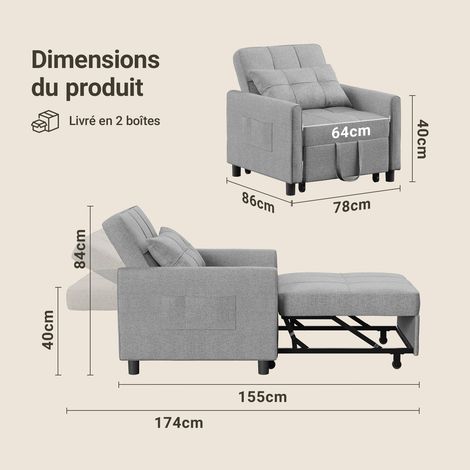 Bealife – Fauteuil convertible 1 place avec rangement – Dossier réglable 3 positions – Acier et tissu en lin – Roues pour mobilité facile — photo 3