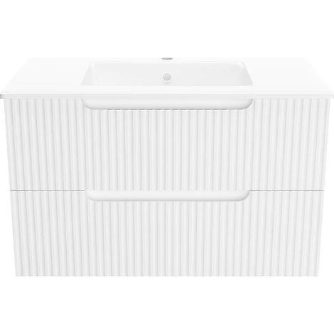 meuble de salle de bains leon 80cm blanc neige - 2 tiroirs en mdf ondulés - vasque à encastrer — photo 3