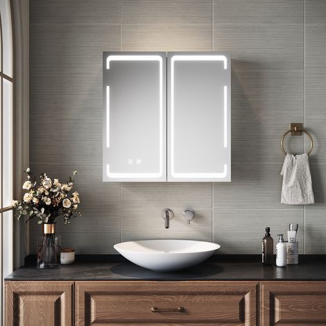 SIRHONA  Miroir lumineux de salle de bain avec prise rasoir Anti-buée meuble à miroir avec éclairage LED Armoires de salle de bain murales 590 x 600mm — photo 1