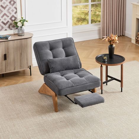 Fauteuil Relax Réglable avec Repose-Pieds et Coussin Lombaire Confort Stable Rétro en Velours Côtelé Gris Foncé — photo 2