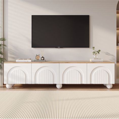 Meuble TV Blanc et bois 180x40x45 cm avec 4 portes cintrées,6 pieds en métal à boule,buffet bas et table TV Moderne — photo 2
